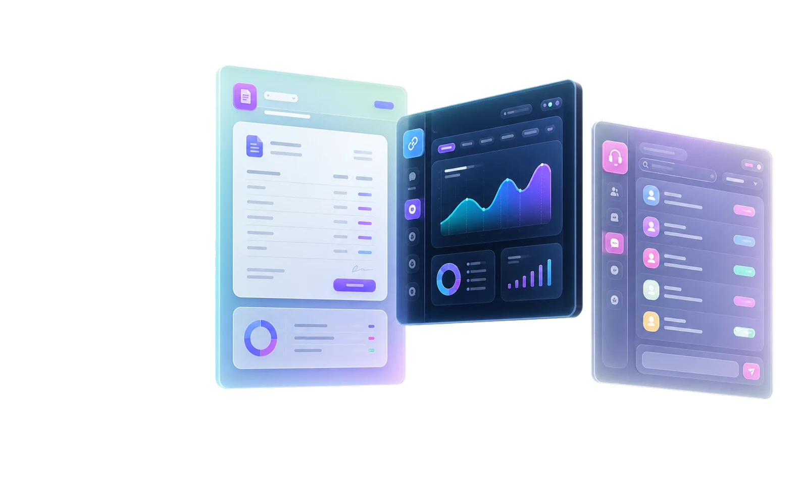 Trois interfaces de produits SaaS représentant facturation, analyse de liens et support client.