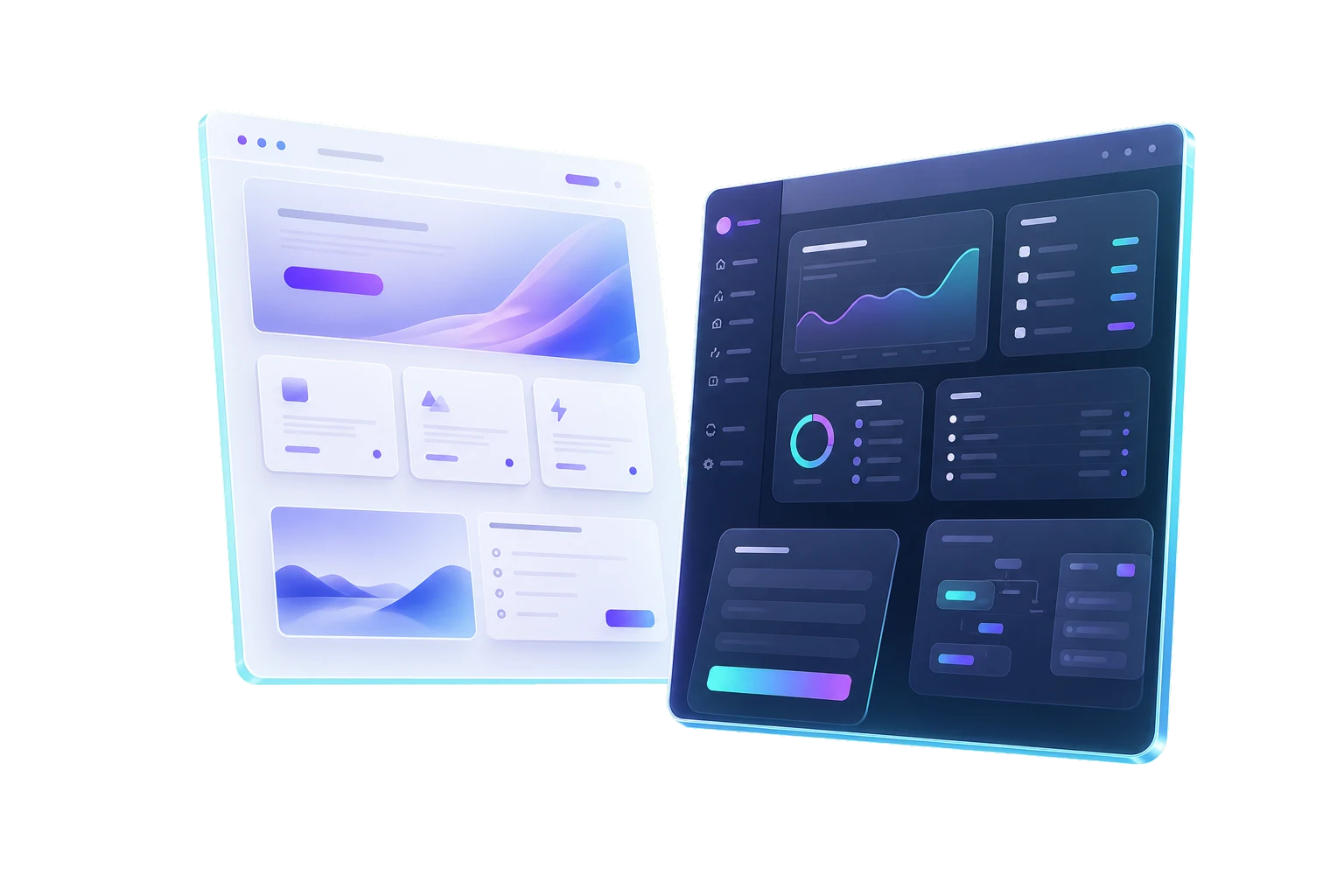 Deux interfaces représentant un site web de conversion et une application structurée.